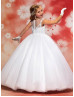 White Beaded Lace Tulle Floor Length Flower Girl Dress Ball Gown